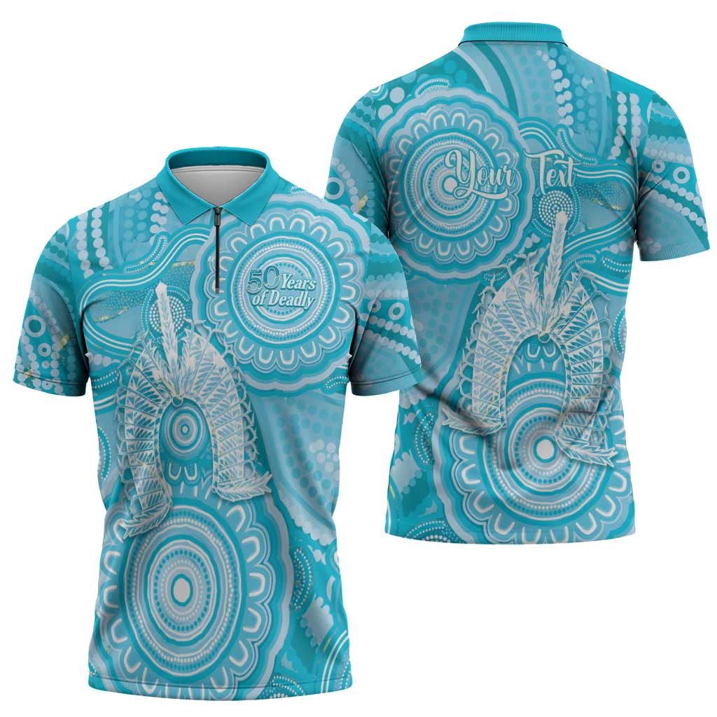 50 Years Deadly NAIDOC Week 2026 Personalised Zipper Polo Shirt Dhari Blue Indigenous Art