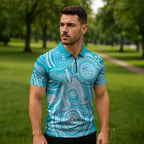 50 Years Deadly NAIDOC Week 2026 Personalised Zipper Polo Shirt Dhari Blue Indigenous Art