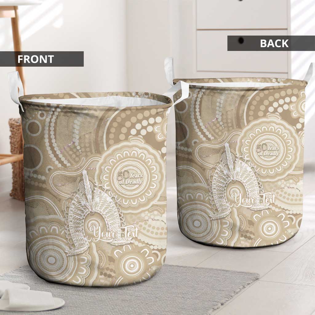 50 Years Deadly NAIDOC Week 2026 Personalised Laundry Basket Dhari Beige Indigenous Art