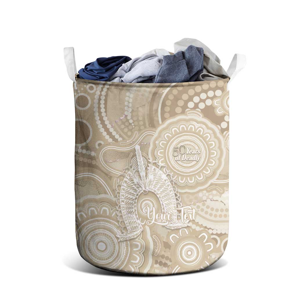 50 Years Deadly NAIDOC Week 2026 Personalised Laundry Basket Dhari Beige Indigenous Art