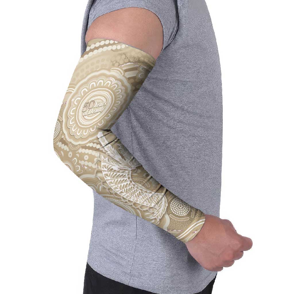 50 Years Deadly NAIDOC Week 2026 Personalised Arm Sleeves Dhari Beige Indigenous Art