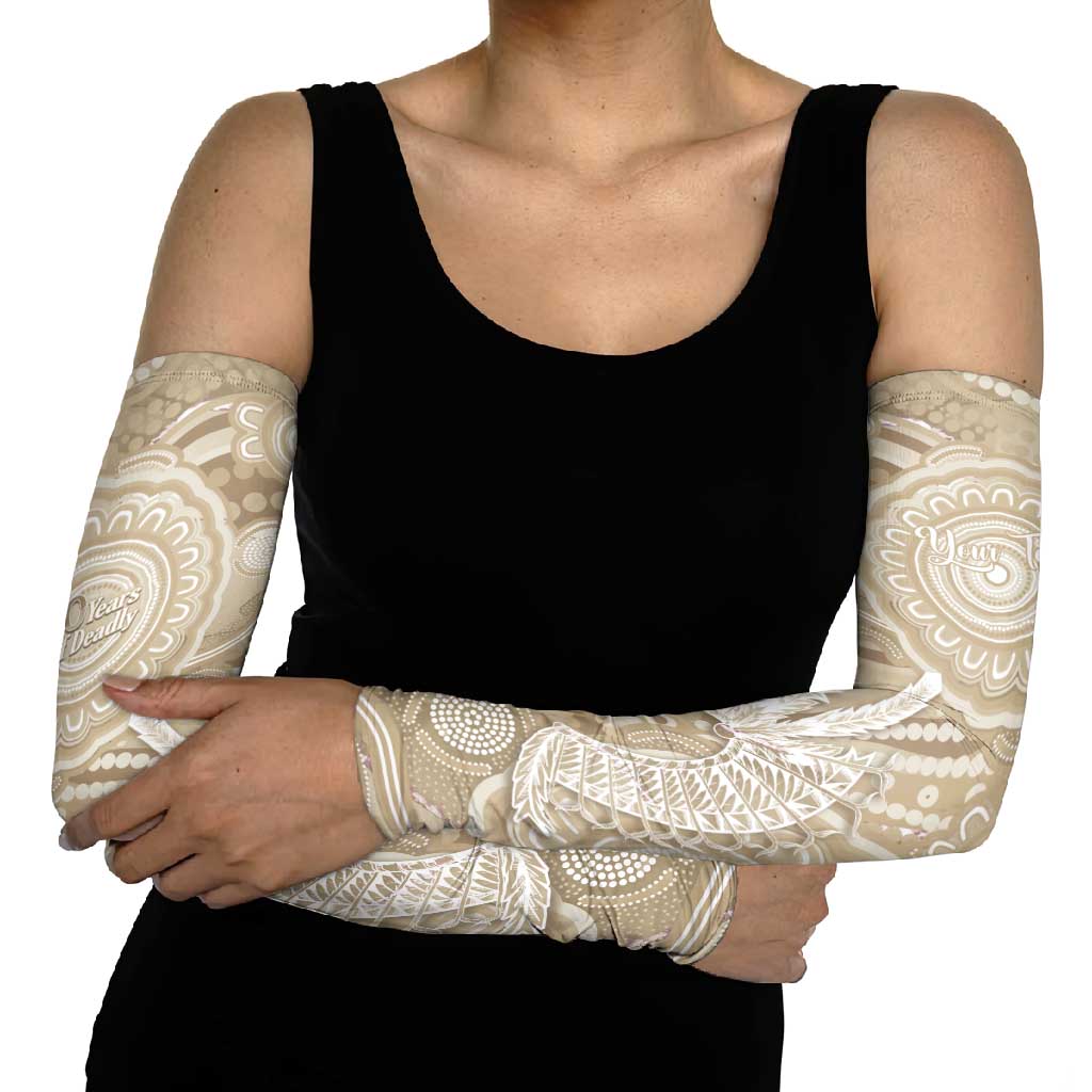 50 Years Deadly NAIDOC Week 2026 Personalised Arm Sleeves Dhari Beige Indigenous Art