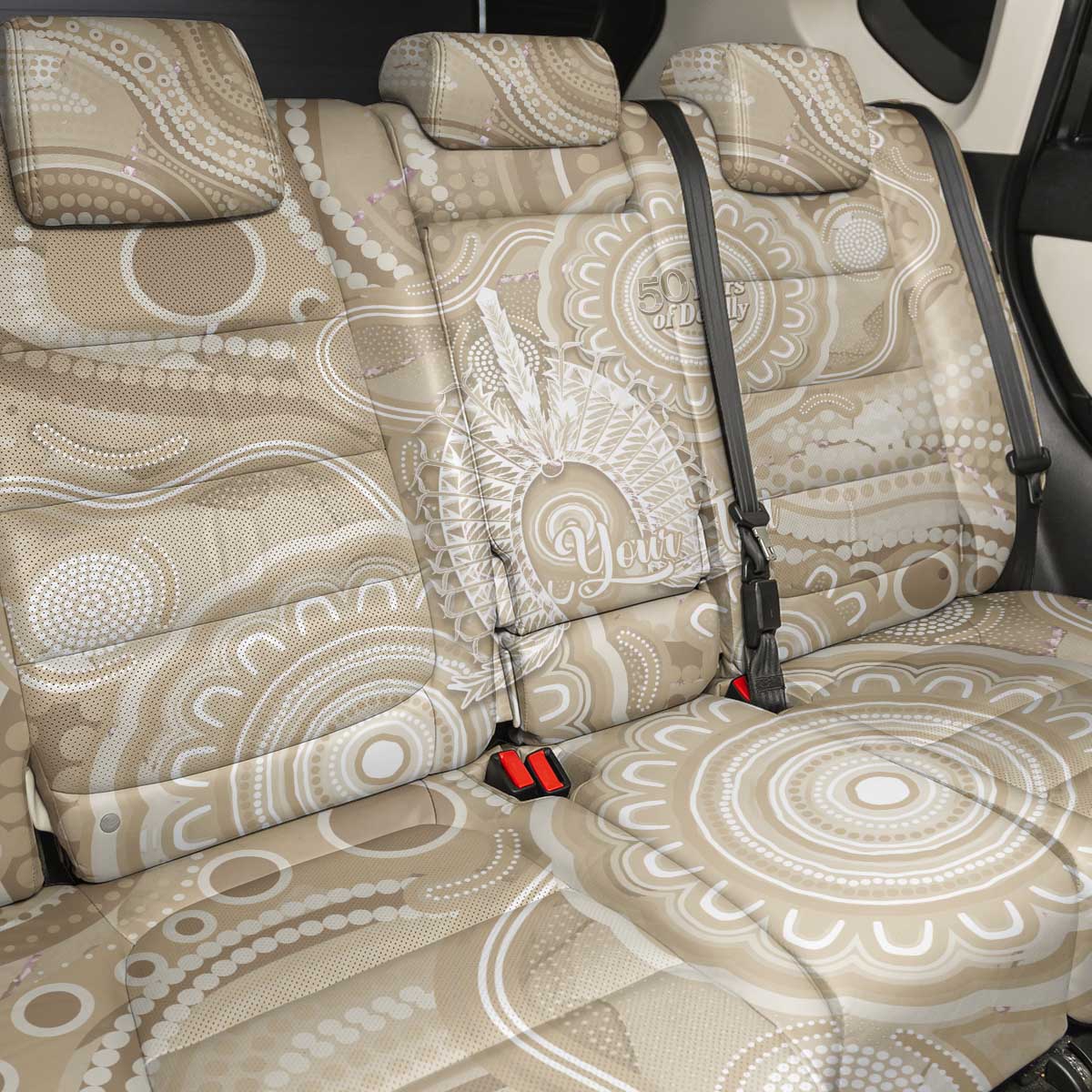 50 Years Deadly NAIDOC Week 2026 Personalised Back Car Seat Cover Dhari Beige Indigenous Art