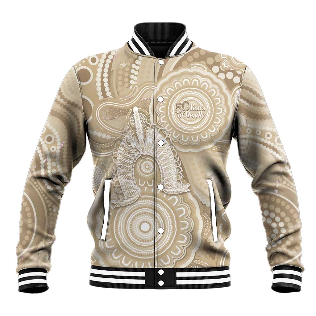 50 Years Deadly NAIDOC Week 2026 Personalised Baseball Jacket Dhari Beige Indigenous Art