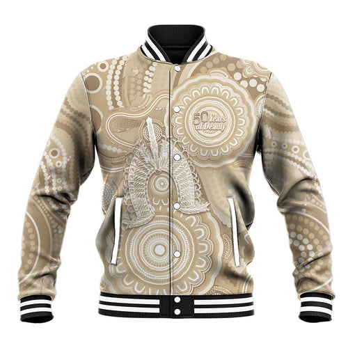 50 Years Deadly NAIDOC Week 2026 Personalised Baseball Jacket Dhari Beige Indigenous Art