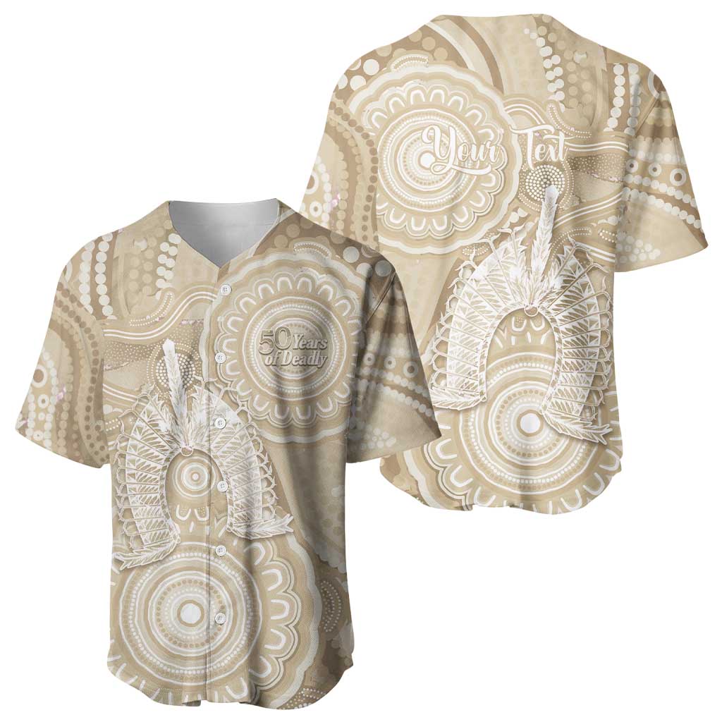 50 Years Deadly NAIDOC Week 2026 Personalised Baseball Jersey Dhari Beige Indigenous Art