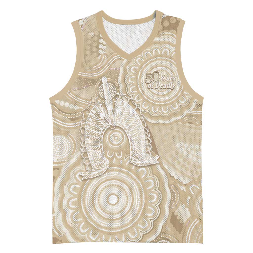 50 Years Deadly NAIDOC Week 2026 Personalised Basketball Jersey Dhari Beige Indigenous Art