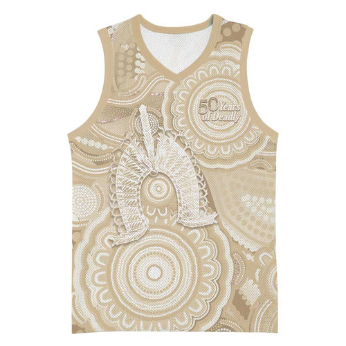 50 Years Deadly NAIDOC Week 2026 Personalised Basketball Jersey Dhari Beige Indigenous Art