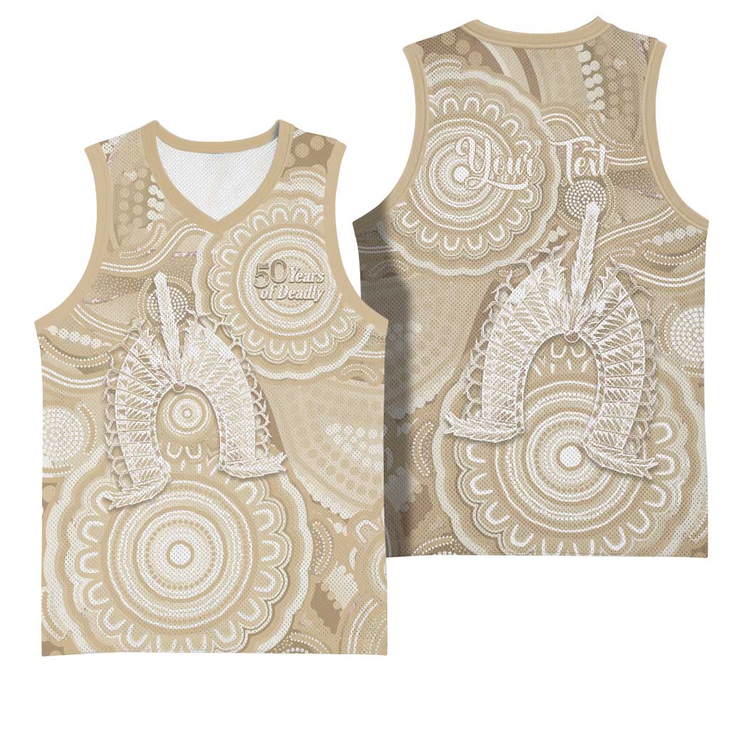 50 Years Deadly NAIDOC Week 2026 Personalised Basketball Jersey Dhari Beige Indigenous Art