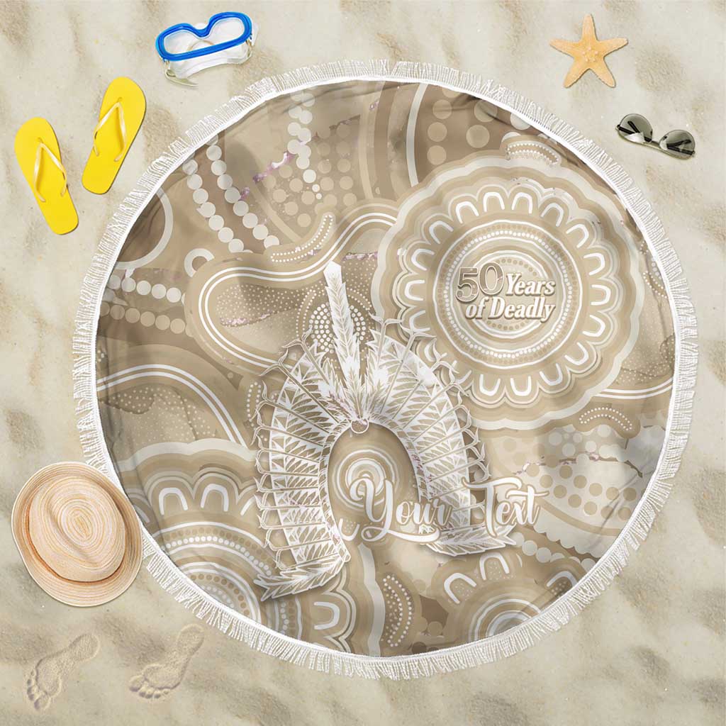 50 Years Deadly NAIDOC Week 2026 Personalised Beach Blanket Dhari Beige Indigenous Art