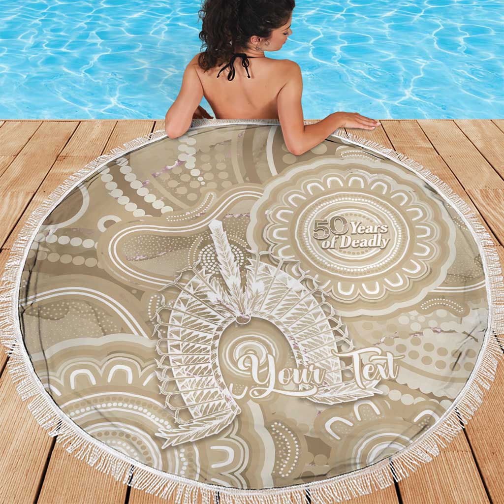 50 Years Deadly NAIDOC Week 2026 Personalised Beach Blanket Dhari Beige Indigenous Art