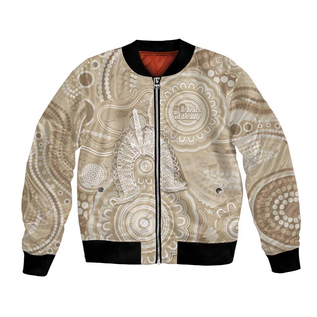 50 Years Deadly NAIDOC Week 2026 Personalised Bomber Jacket Dhari Beige Indigenous Art