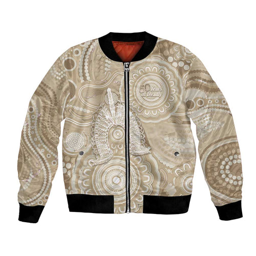 50 Years Deadly NAIDOC Week 2026 Personalised Bomber Jacket Dhari Beige Indigenous Art