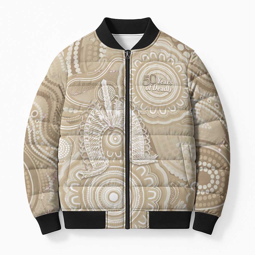 50 Years Deadly NAIDOC Week 2026 Personalised Bomber Puffer Jacket Dhari Beige Indigenous Art
