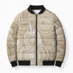 50 Years Deadly NAIDOC Week 2026 Personalised Bomber Puffer Jacket Dhari Beige Indigenous Art