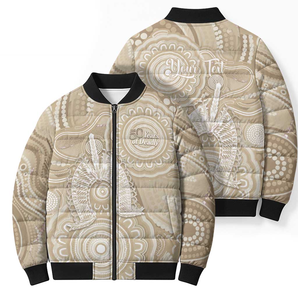 50 Years Deadly NAIDOC Week 2026 Personalised Bomber Puffer Jacket Dhari Beige Indigenous Art