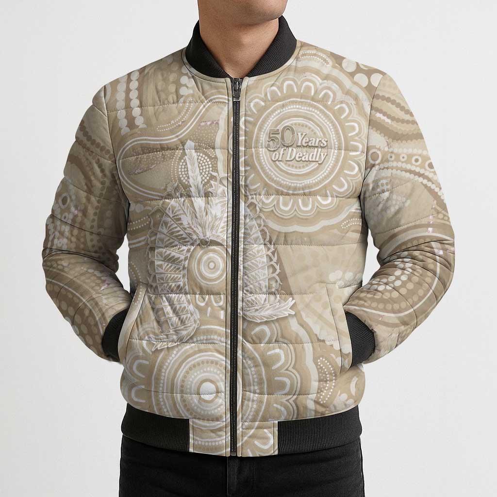 50 Years Deadly NAIDOC Week 2026 Personalised Bomber Puffer Jacket Dhari Beige Indigenous Art