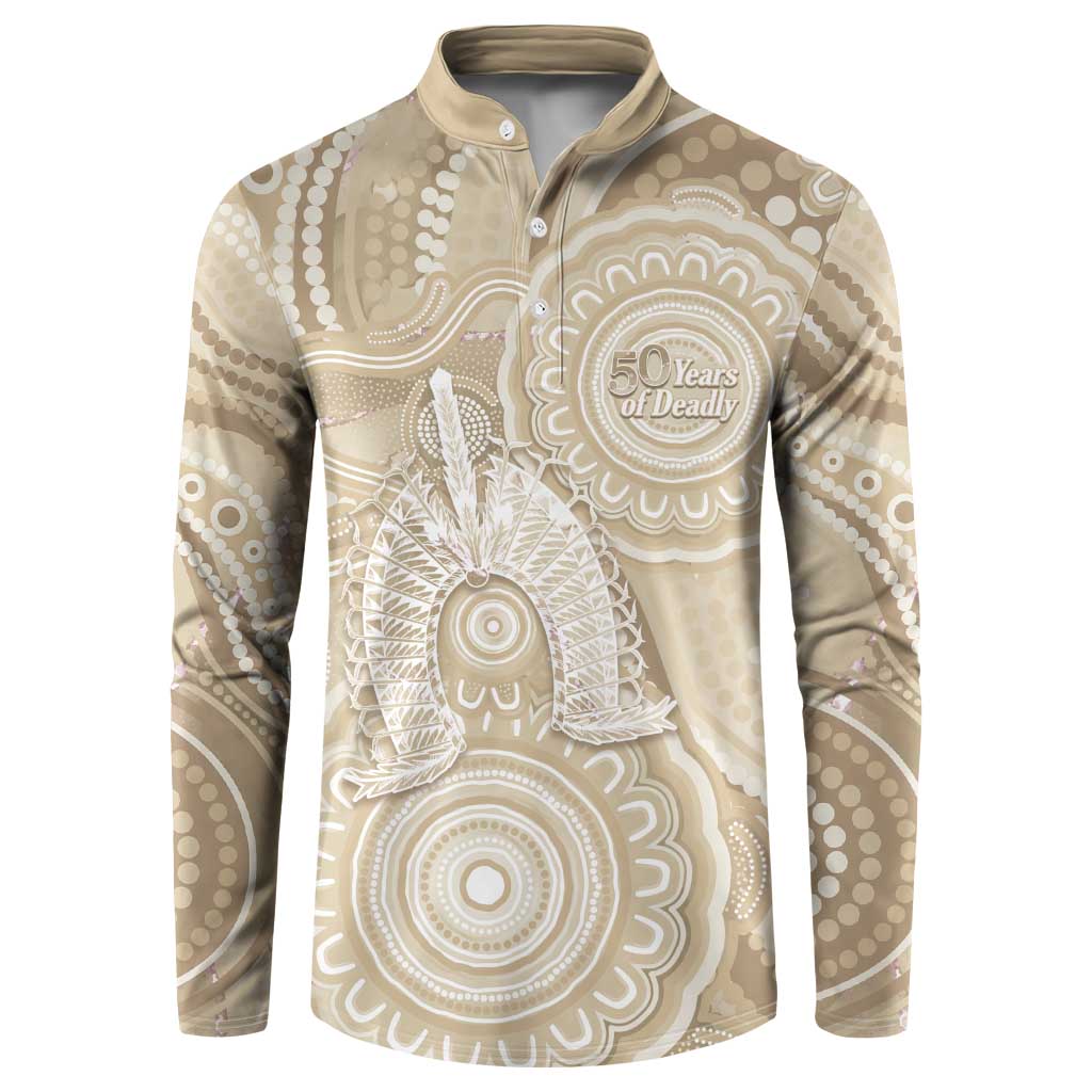50 Years Deadly NAIDOC Week 2026 Personalised Button Sweatshirt Dhari Beige Indigenous Art