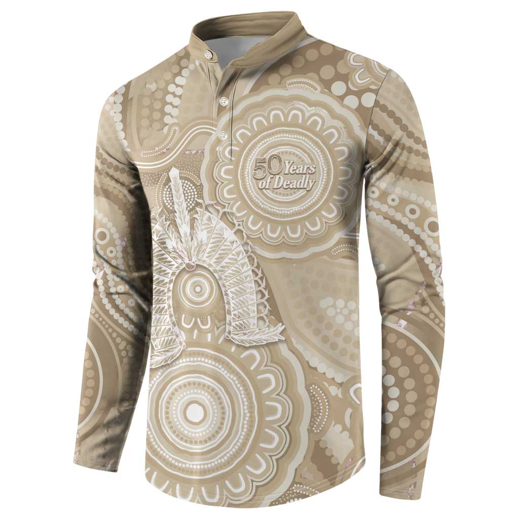 50 Years Deadly NAIDOC Week 2026 Personalised Button Sweatshirt Dhari Beige Indigenous Art
