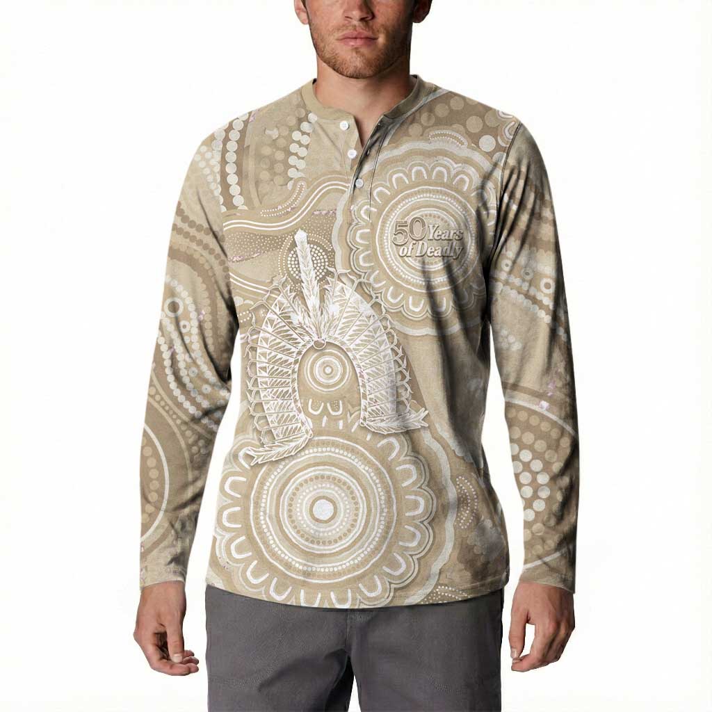 50 Years Deadly NAIDOC Week 2026 Personalised Button Sweatshirt Dhari Beige Indigenous Art