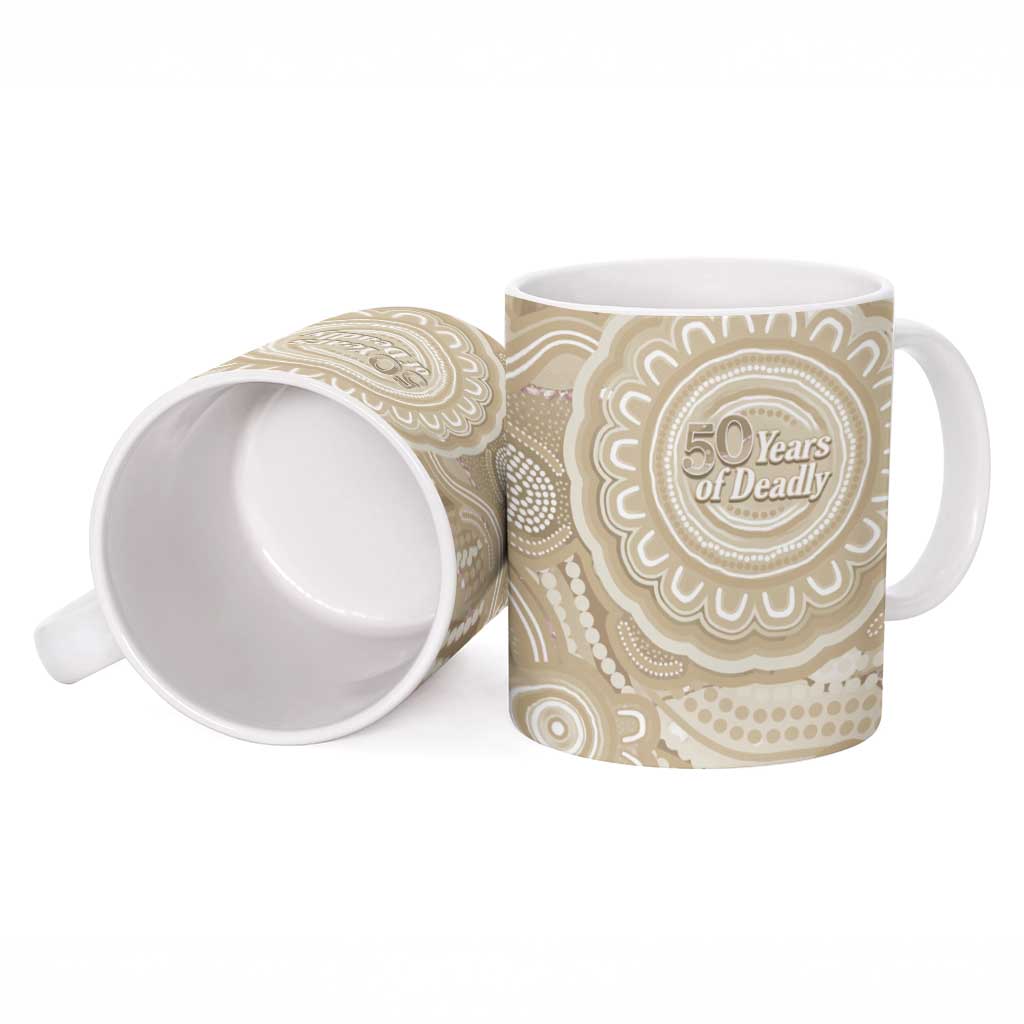 50 Years Deadly NAIDOC Week 2026 Personalised Ceramic Mug Dhari Beige Indigenous Art