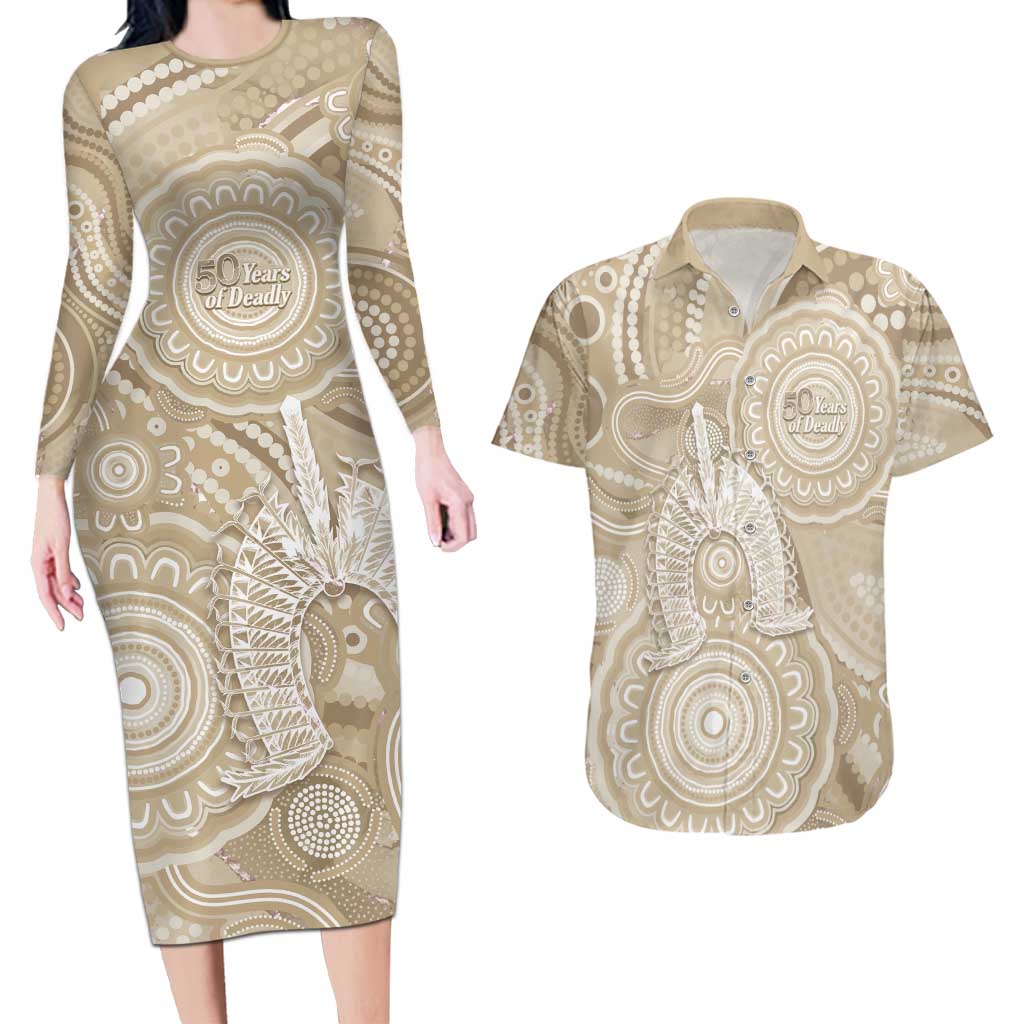 50 Years Deadly NAIDOC Week 2026 Personalised Couples Matching Long Sleeve Bodycon Dress and Hawaiian Shirt Dhari Beige Indigenous Art
