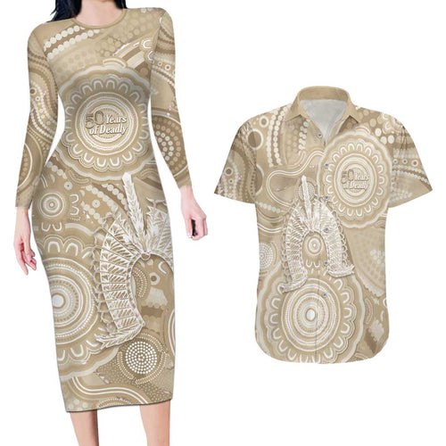 50 Years Deadly NAIDOC Week 2026 Personalised Couples Matching Long Sleeve Bodycon Dress and Hawaiian Shirt Dhari Beige Indigenous Art
