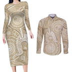 50 Years Deadly NAIDOC Week 2026 Personalised Couples Matching Long Sleeve Bodycon Dress and Long Sleeve Button Shirt Dhari Beige Indigenous Art