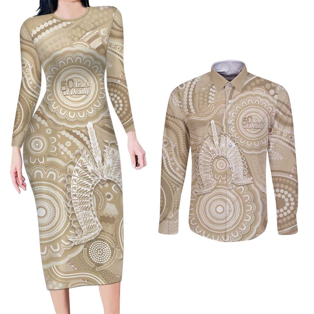 50 Years Deadly NAIDOC Week 2026 Personalised Couples Matching Long Sleeve Bodycon Dress and Long Sleeve Button Shirt Dhari Beige Indigenous Art