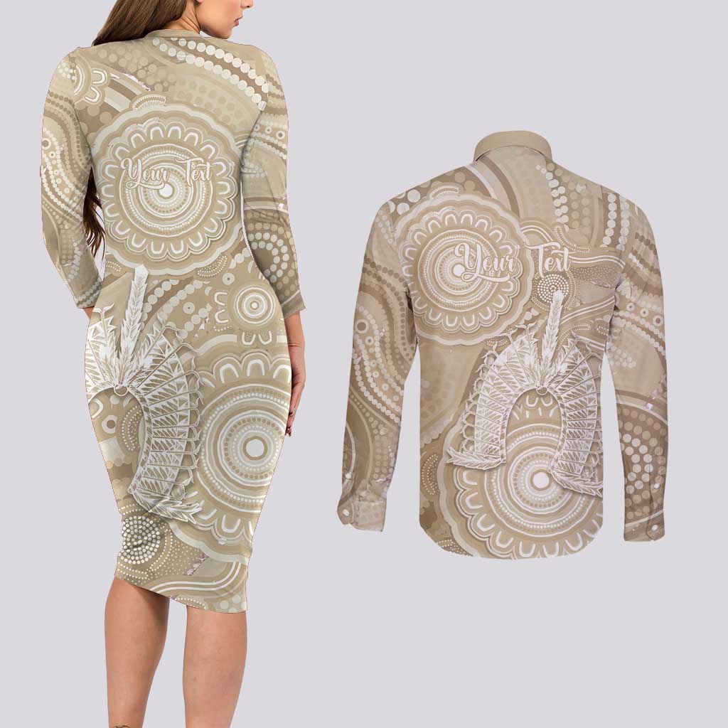 50 Years Deadly NAIDOC Week 2026 Personalised Couples Matching Long Sleeve Bodycon Dress and Long Sleeve Button Shirt Dhari Beige Indigenous Art