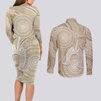 50 Years Deadly NAIDOC Week 2026 Personalised Couples Matching Long Sleeve Bodycon Dress and Long Sleeve Button Shirt Dhari Beige Indigenous Art