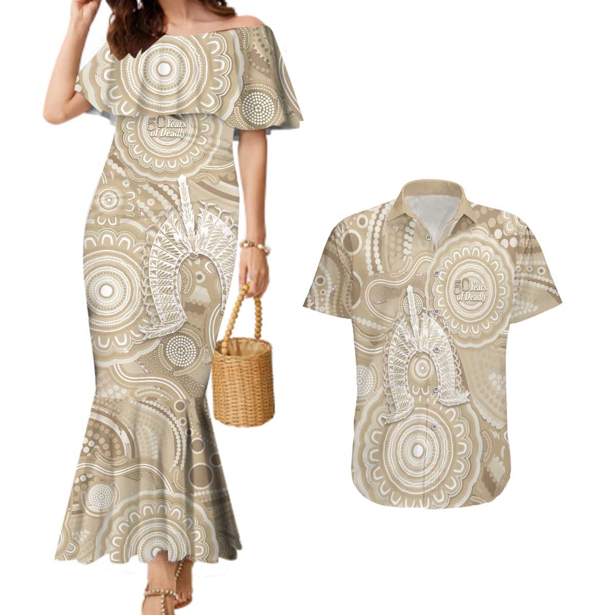 50 Years Deadly NAIDOC Week 2026 Personalised Couples Matching Mermaid Dress and Hawaiian Shirt Dhari Beige Indigenous Art