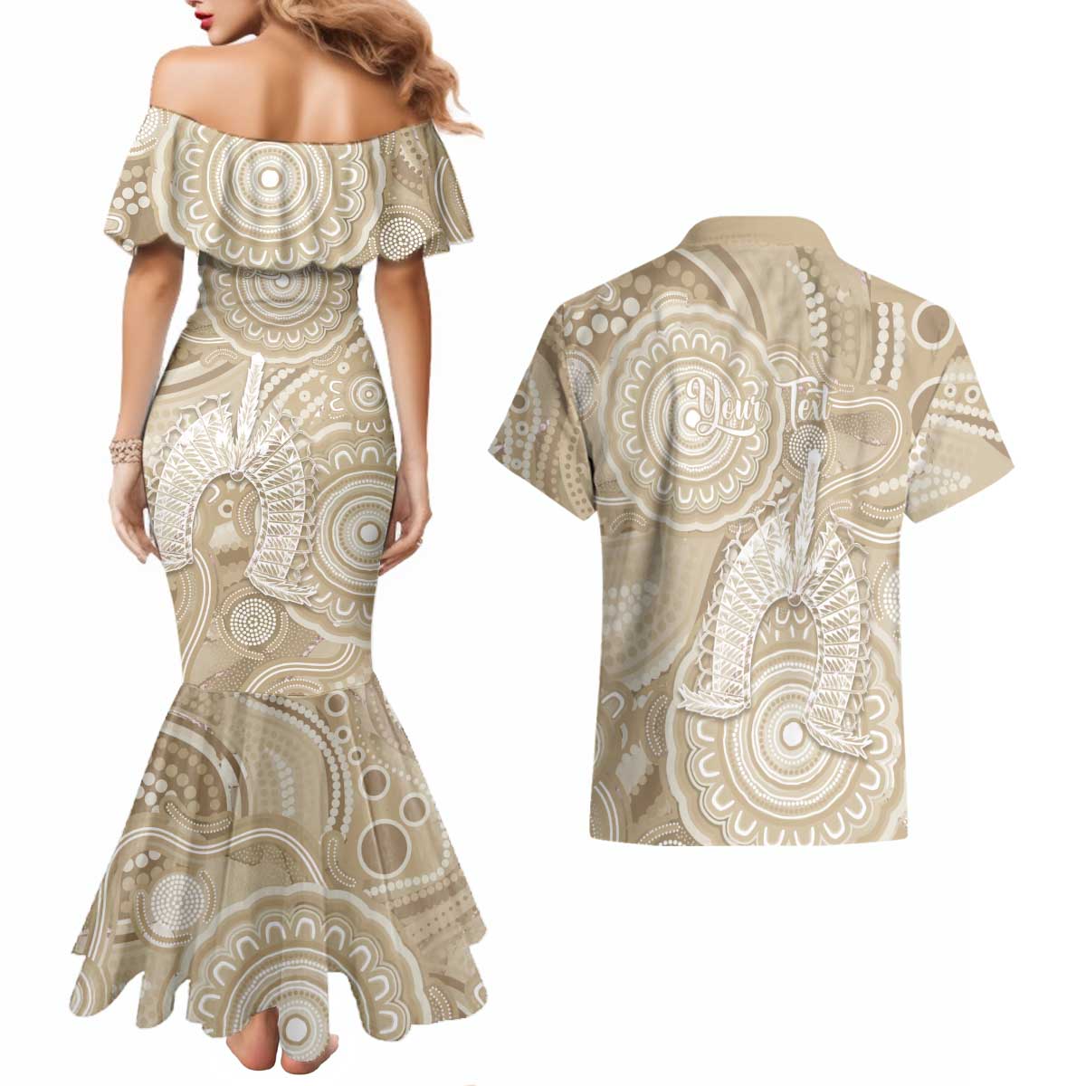 50 Years Deadly NAIDOC Week 2026 Personalised Couples Matching Mermaid Dress and Hawaiian Shirt Dhari Beige Indigenous Art