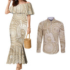 50 Years Deadly NAIDOC Week 2026 Personalised Couples Matching Mermaid Dress and Long Sleeve Button Shirt Dhari Beige Indigenous Art