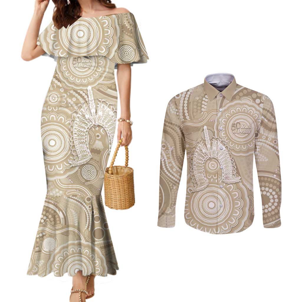 50 Years Deadly NAIDOC Week 2026 Personalised Couples Matching Mermaid Dress and Long Sleeve Button Shirt Dhari Beige Indigenous Art