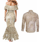 50 Years Deadly NAIDOC Week 2026 Personalised Couples Matching Mermaid Dress and Long Sleeve Button Shirt Dhari Beige Indigenous Art