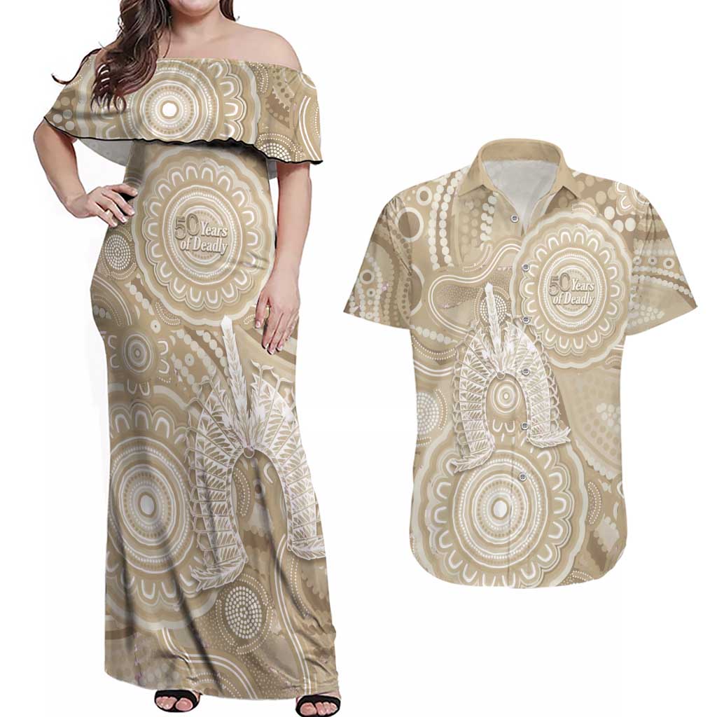 50 Years Deadly NAIDOC Week 2026 Personalised Couples Matching Off Shoulder Maxi Dress and Hawaiian Shirt Dhari Beige Indigenous Art