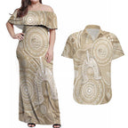 50 Years Deadly NAIDOC Week 2026 Personalised Couples Matching Off Shoulder Maxi Dress and Hawaiian Shirt Dhari Beige Indigenous Art