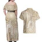50 Years Deadly NAIDOC Week 2026 Personalised Couples Matching Off Shoulder Maxi Dress and Hawaiian Shirt Dhari Beige Indigenous Art