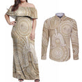 50 Years Deadly NAIDOC Week 2026 Personalised Couples Matching Off Shoulder Maxi Dress and Long Sleeve Button Shirt Dhari Beige Indigenous Art