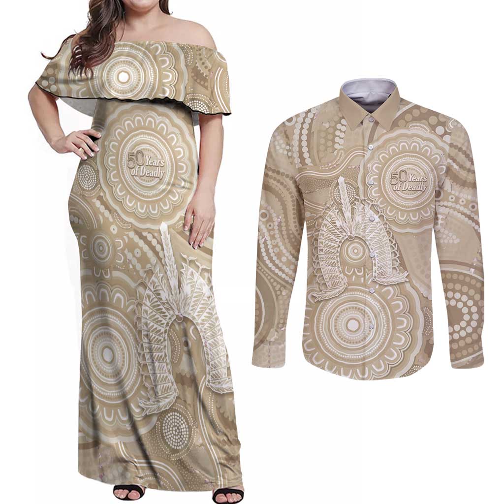 50 Years Deadly NAIDOC Week 2026 Personalised Couples Matching Off Shoulder Maxi Dress and Long Sleeve Button Shirt Dhari Beige Indigenous Art