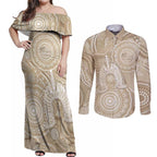 50 Years Deadly NAIDOC Week 2026 Personalised Couples Matching Off Shoulder Maxi Dress and Long Sleeve Button Shirt Dhari Beige Indigenous Art