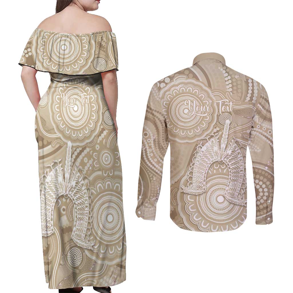 50 Years Deadly NAIDOC Week 2026 Personalised Couples Matching Off Shoulder Maxi Dress and Long Sleeve Button Shirt Dhari Beige Indigenous Art