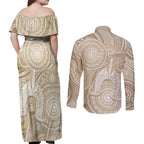 50 Years Deadly NAIDOC Week 2026 Personalised Couples Matching Off Shoulder Maxi Dress and Long Sleeve Button Shirt Dhari Beige Indigenous Art