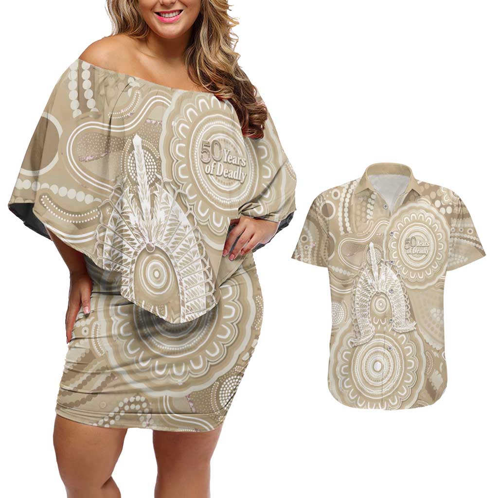 50 Years Deadly NAIDOC Week 2026 Personalised Couples Matching Off Shoulder Short Dress and Hawaiian Shirt Dhari Beige Indigenous Art