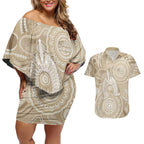 50 Years Deadly NAIDOC Week 2026 Personalised Couples Matching Off Shoulder Short Dress and Hawaiian Shirt Dhari Beige Indigenous Art