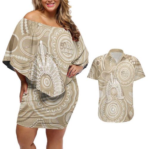 50 Years Deadly NAIDOC Week 2026 Personalised Couples Matching Off Shoulder Short Dress and Hawaiian Shirt Dhari Beige Indigenous Art