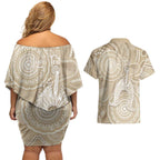 50 Years Deadly NAIDOC Week 2026 Personalised Couples Matching Off Shoulder Short Dress and Hawaiian Shirt Dhari Beige Indigenous Art