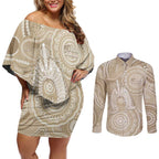 50 Years Deadly NAIDOC Week 2026 Personalised Couples Matching Off Shoulder Short Dress and Long Sleeve Button Shirt Dhari Beige Indigenous Art