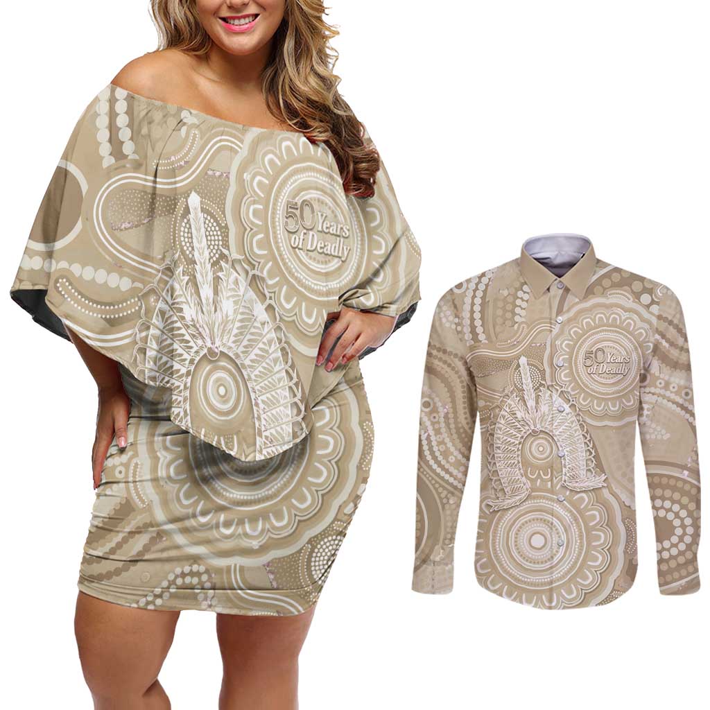 50 Years Deadly NAIDOC Week 2026 Personalised Couples Matching Off Shoulder Short Dress and Long Sleeve Button Shirt Dhari Beige Indigenous Art